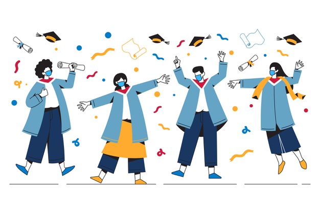 illustrated graduates wearing medical masks their ceremony 23 2148573288